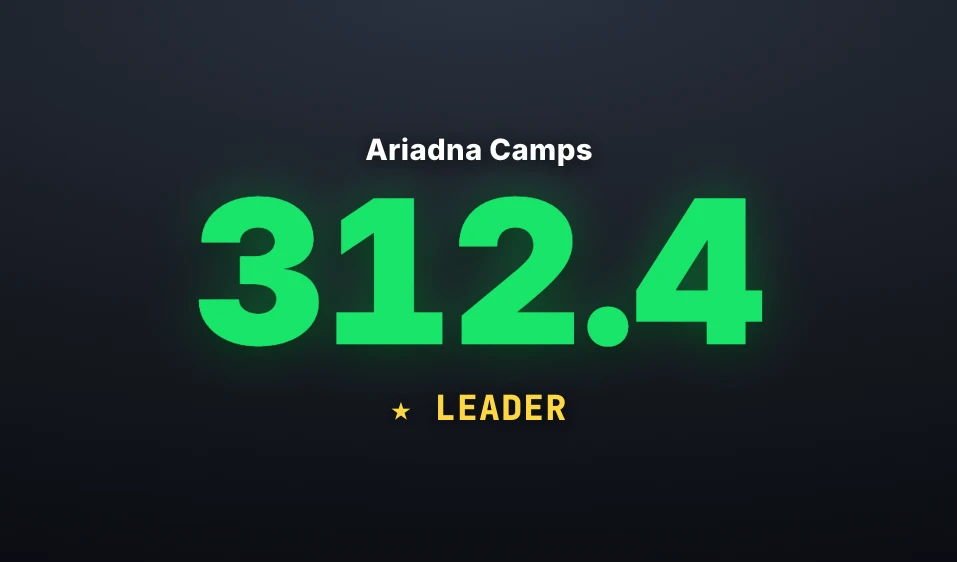 Full-screen score pop showing a score of 312.4 and a leader tag
